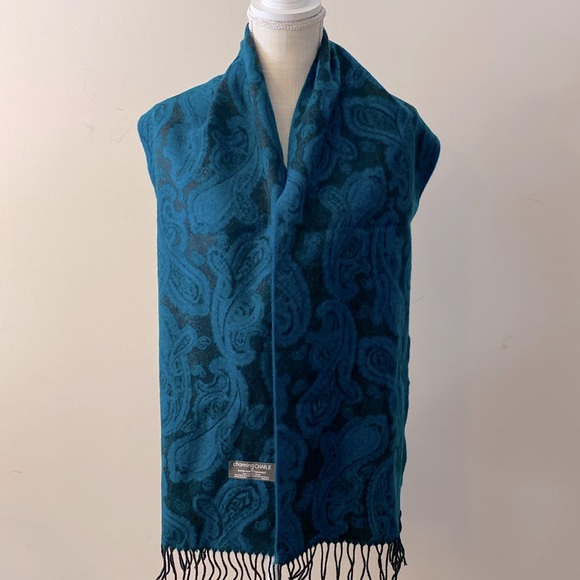 Charming Charlie super soft 💯Acrylic turquoise black paisley scarf wh fringe - Picture 6 of 11